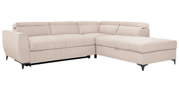 ECKSOFA Creme Velours  inkl. Bettkasten, Schlaffunktion, Rücken echt, Kopfteilverstellung, Liegefläche im Originalstoff  - Creme/Schwarz, KONVENTIONELL, Textil/Metall (255/217cm) - Carryhome