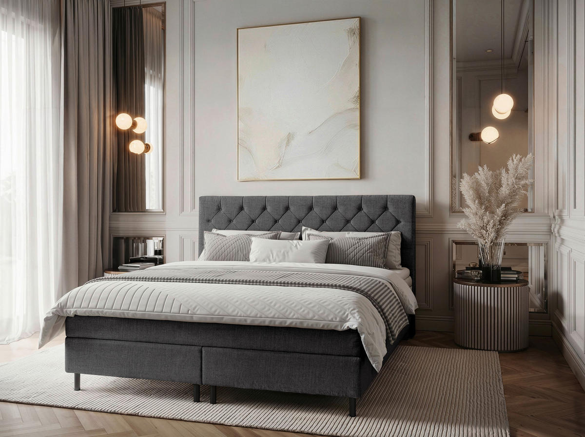 BOXSPRINGBETT 160/200 cm,  in Anthrazit, Matratze, Topper, H2 + H2 = mittel  - Anthrazit/Schwarz, KONVENTIONELL, Textil/Metall (160/200cm) - Chameo
