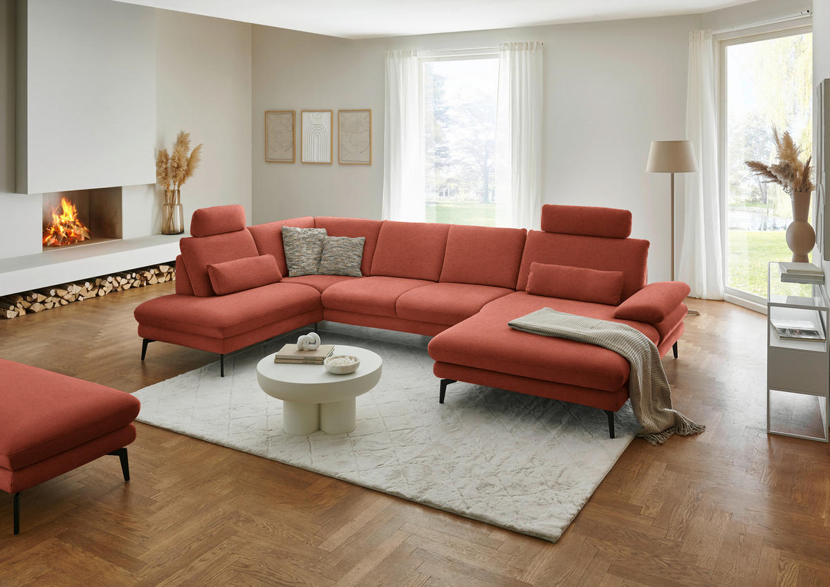 WOHNLANDSCHAFT  in Chenille, Flachgewebe Terracotta  - Terracotta/Schwarz, Design, Textil/Metall (208/344/180cm) - Dieter Knoll