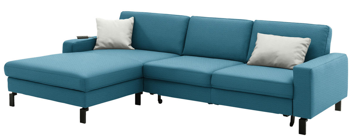 ECKSOFA  in Cord Petrol Rücken echt, Sitztiefenverstellung  185/298 cm  - Petrol/Schwarz, Design, Textil/Metall (185/298cm) - Pure Home Lifestyle