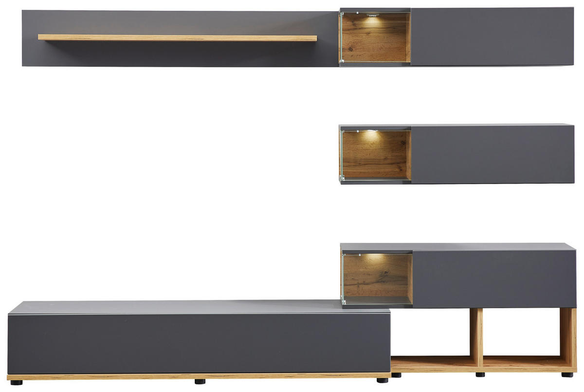 REGAL ZA DNEVNI BORAVAK antracit, boje hrasta   - boje hrasta/smeđa, Moderno, staklo/drvni materijal (240/150/40cm) - Hom`in