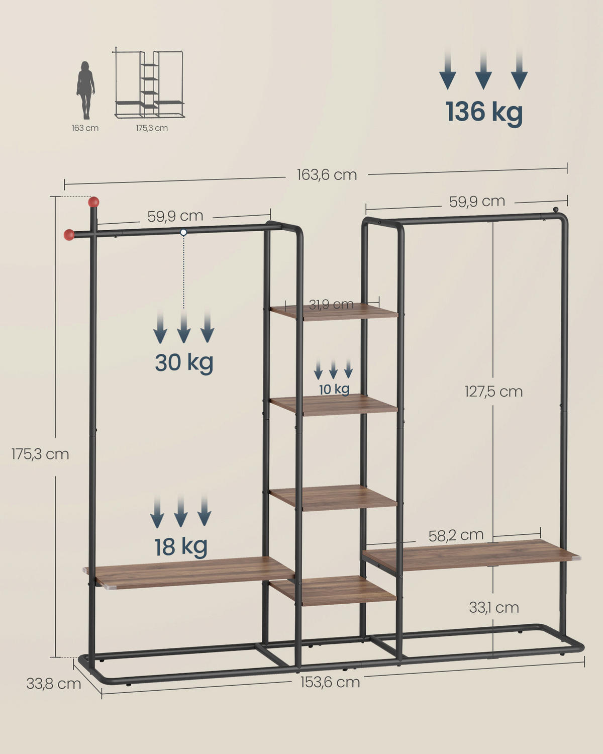 OFFENER KLEIDERSCHRANK 163,6/175,3/33,8 cm,  in Naturfarben, Walnussfarben  - Walnussfarben/Naturfarben, Basics, Holzwerkstoff/Metall (163,6/175,3/33,8cm)