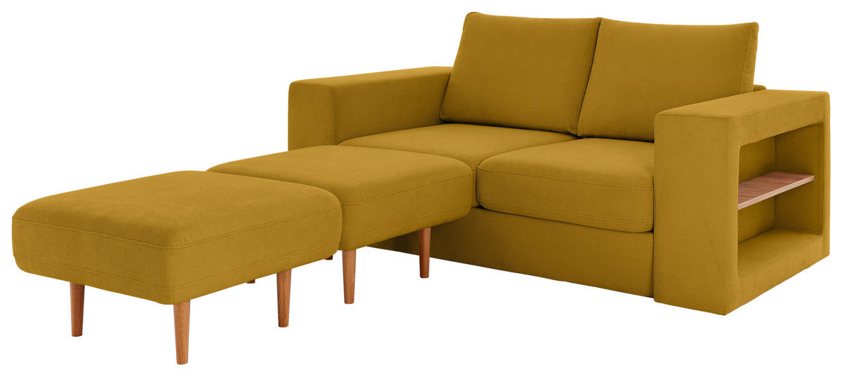 ZWEISITZER-SOFA inkl. Hocker in Webstoff Gelb  - Eichefarben/Gelb, Design, Holz/Textil (172/96/107cm) - LOOKS by W.Joop