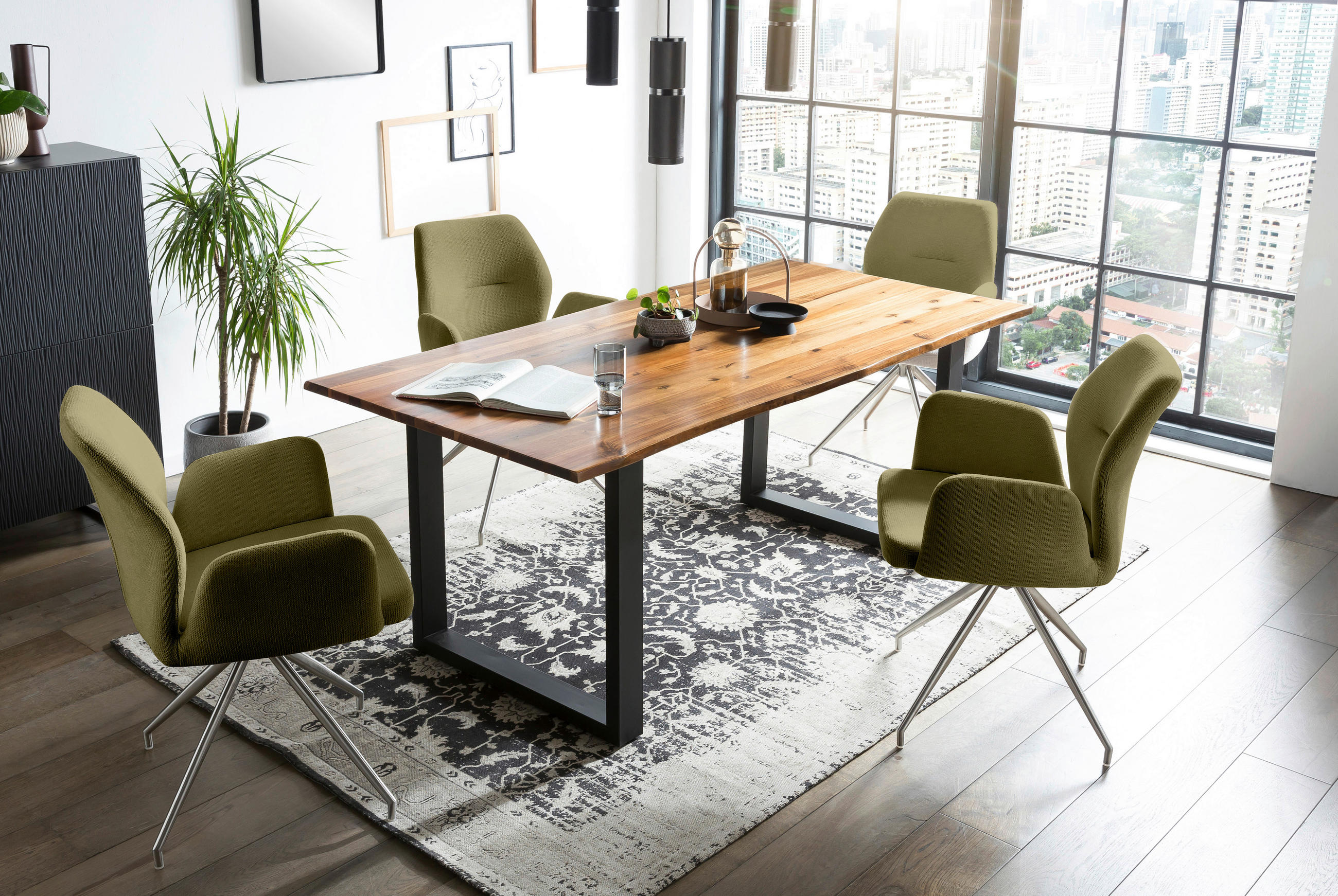 TISCHGRUPPE in Holz, Metall, Textil Grün, Cognac  - Cognac/Silberfarben, MODERN, Holz/Textil (180/90/77cm) - Livetastic