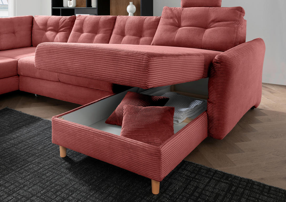 WOHNLANDSCHAFT Koralle Cord  - Koralle/Naturfarben, MODERN, Holz/Textil (206/338-352/176cm) - Livetastic