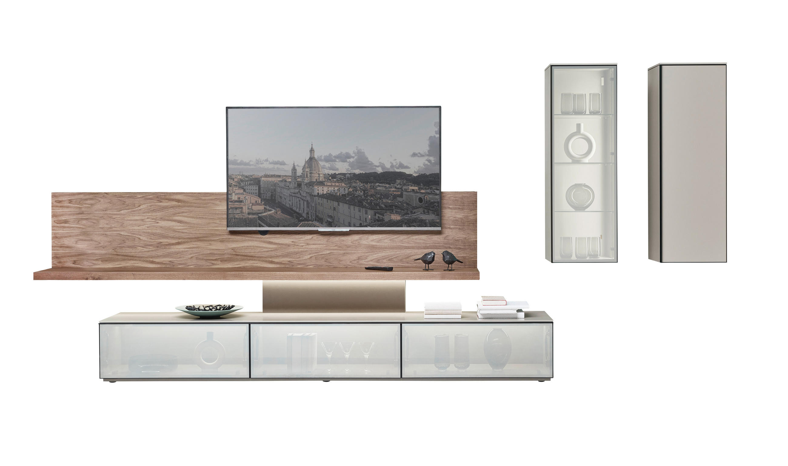 WOHNWAND  in Taupe, Nussbaumfarben  415/190/45 cm  - Taupe/Nussbaumfarben, Design, Glas/Holz (415/190/45cm) - Ambiente