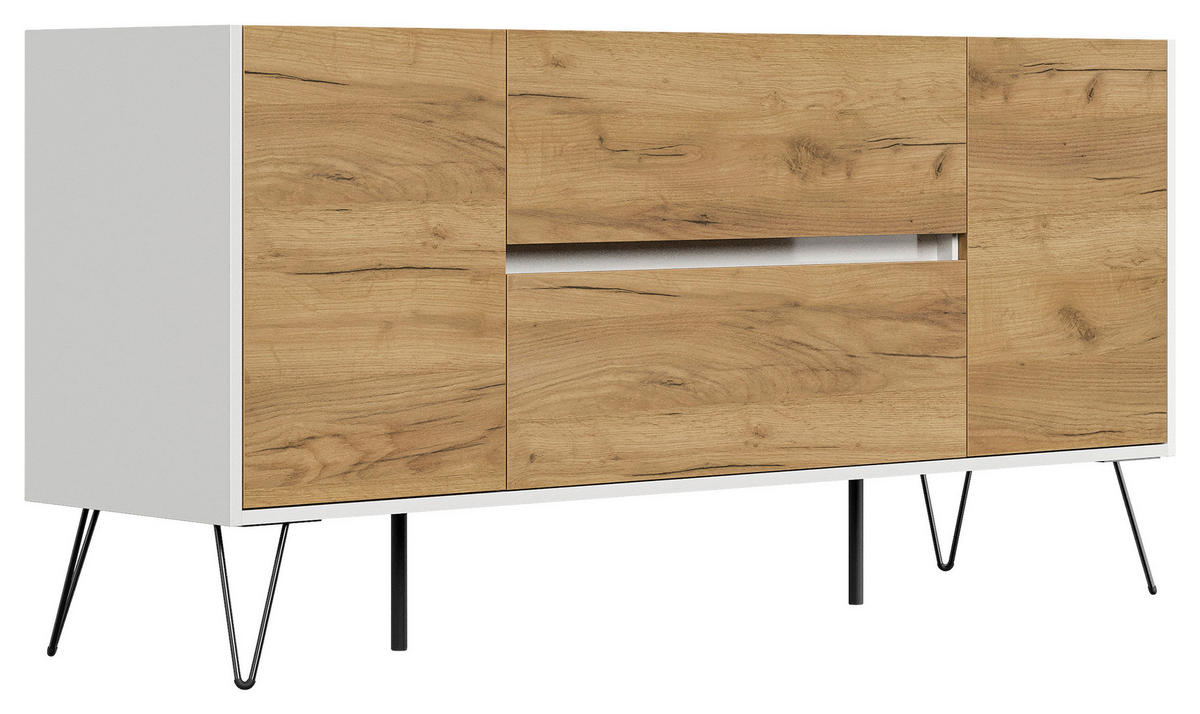 SIDEBOARD Posseik Industrial  in 155/75,8/42 cm  - Eichefarben/Weiß Hochglanz, Design, Holzwerkstoff/Metall (155/75,8/42cm) - P & B