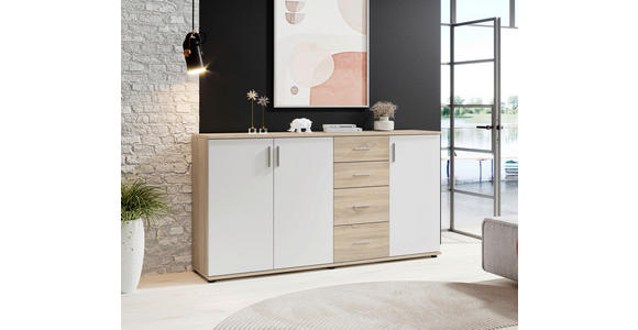 KOMMODE 160/84/35 cm in Weiß, Sonoma Eiche - Silberfarben/Schwarz, KONVENTIONELL, Holzwerkstoff/Kunststoff (160/84/35cm) - Carryhome