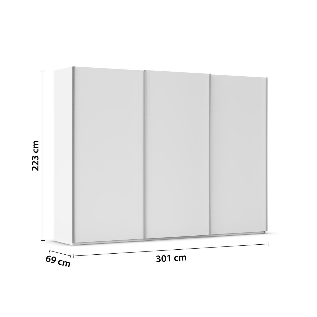 SCHWEBETÜRENSCHRANK 301/223/69 cm,  in Weiß, Alufarben, 3 Tür(en)  - Alufarben/Weiß, Basics, Holzwerkstoff/Metall (301/223/69cm) - Rauch Möbel