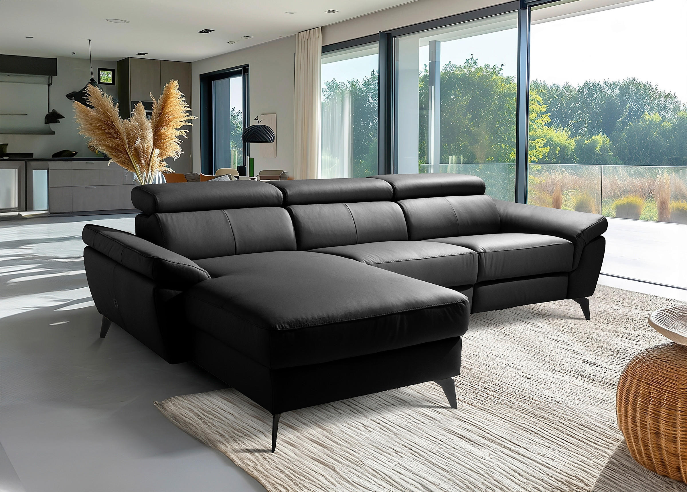 ECKSOFA Lederlook Echtleder Schwarz  - Schwarz, Design, Leder/Textil (179/252cm) - Livetastic