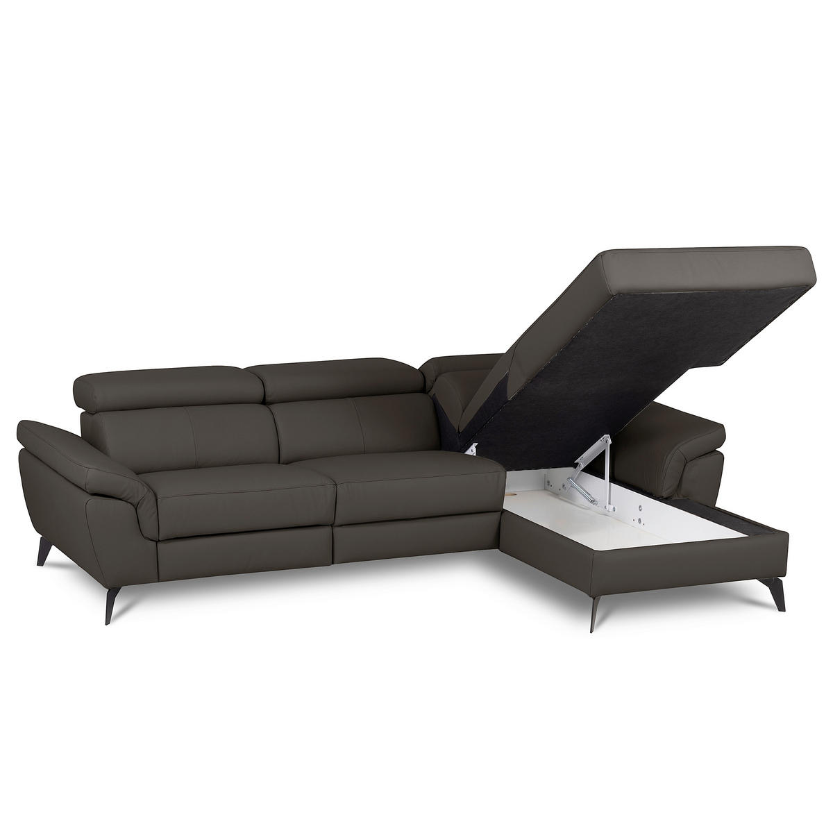 ECKSOFA SONO in Lederlook Echtleder Dunkelbraun Bettkasten, Armteilverstellung, Kopfteilverstellung  252/179 cm  - Dunkelbraun/Schwarz, Design, Leder/Textil (252/179cm) - Livetastic