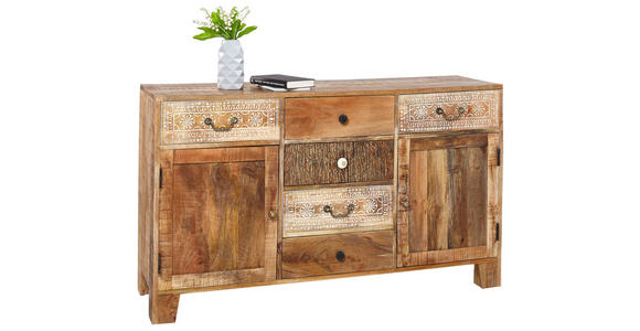 SIDEBOARD Akazie, Mangoholz massiv Naturfarben  - Dunkelbraun/Messingfarben, Design, Holz/Metall (140/80/44cm) - Landscape