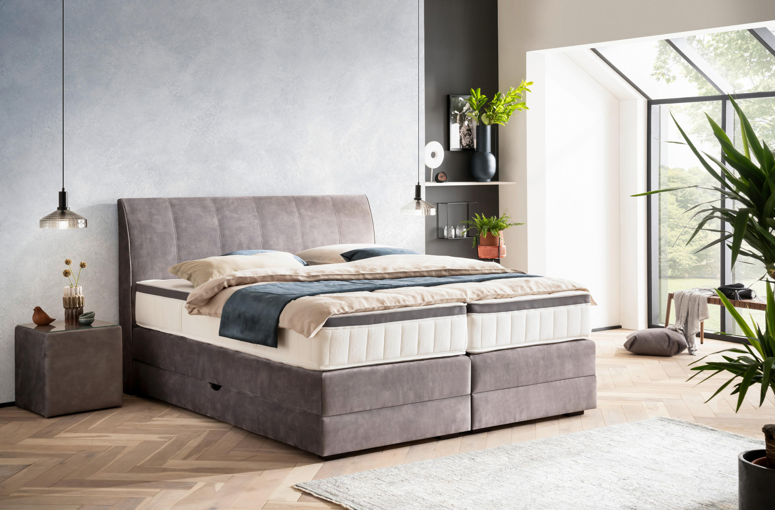 BOXSPRINGBETT 200/200 cm  in Grau  - Wengefarben/Grau, KONVENTIONELL, Holz/Textil (200/200cm) - Novel