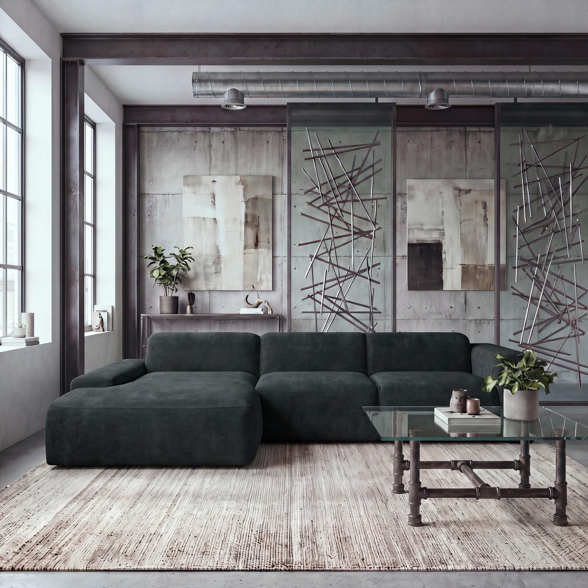 ECKSOFA HANNAH Schwarz Cord  - Schwarz, Design, Kunststoff/Textil (170/343cm) - MID.YOU