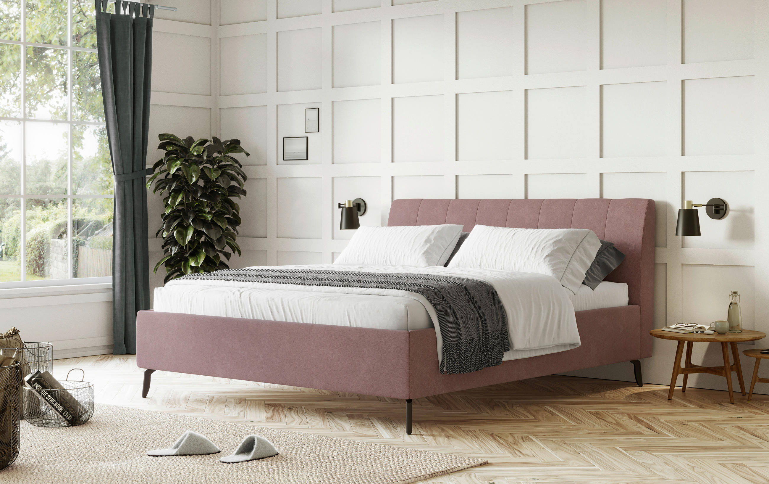 KÁRPITOZOTT ÁGY 180/200 cm  rózsaszín  - fekete/rózsaszín, Basics, faalapú anyag/textil (180/200cm) - Carryhome