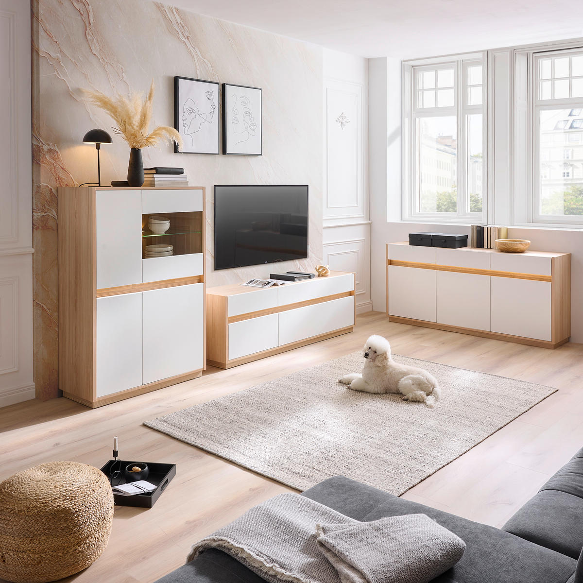 VITRINE Weiss, Eichefarben  95/141,5/42 cm  - Weiss/Eichefarben, Konventionell, Glas/Holzwerkstoff (95/141,5/42cm) - Hom`in