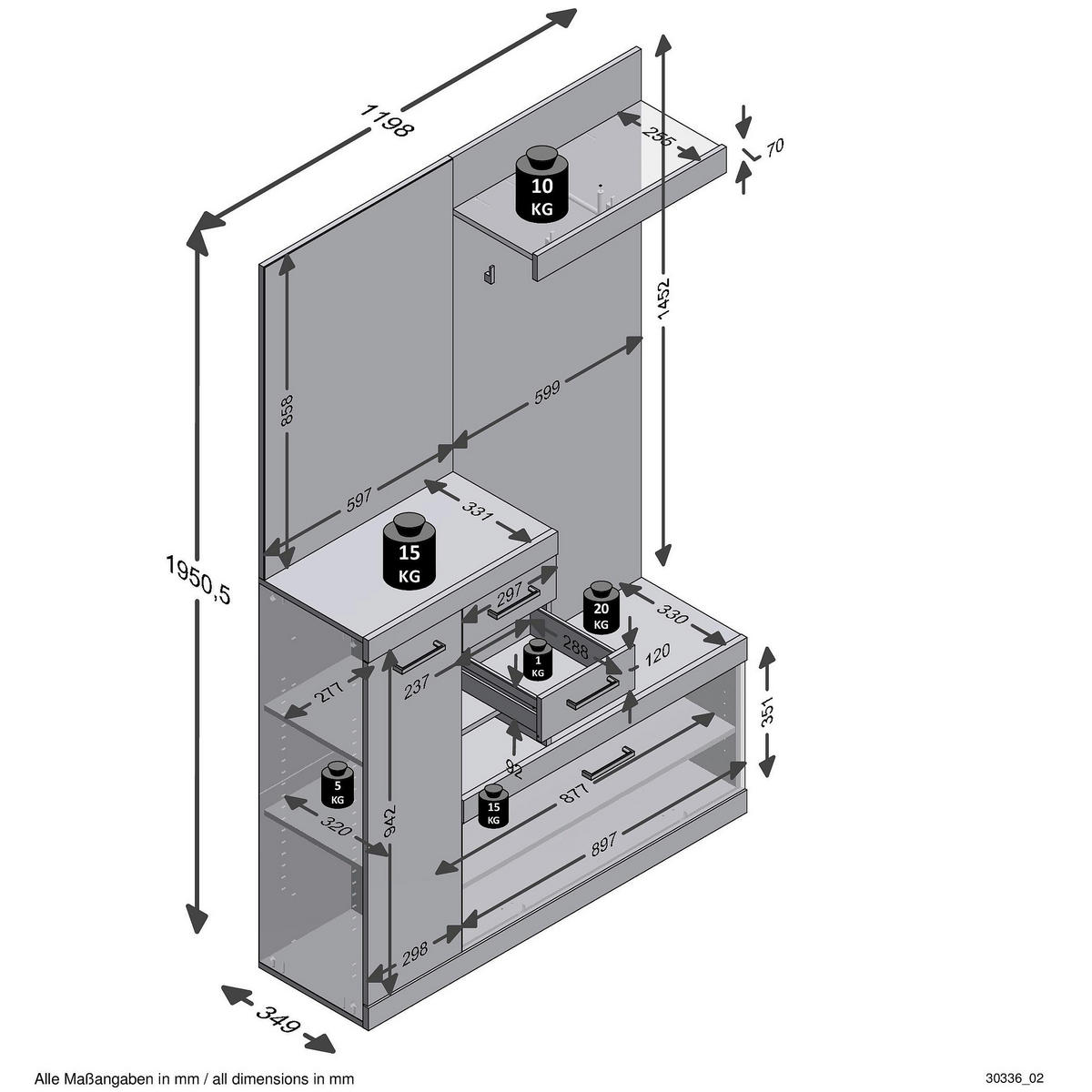 GARDEROBE  in 120/196/35 cm  - Weiß/Grau, MODERN, Holzwerkstoff (120/196/35cm) - MID.YOU
