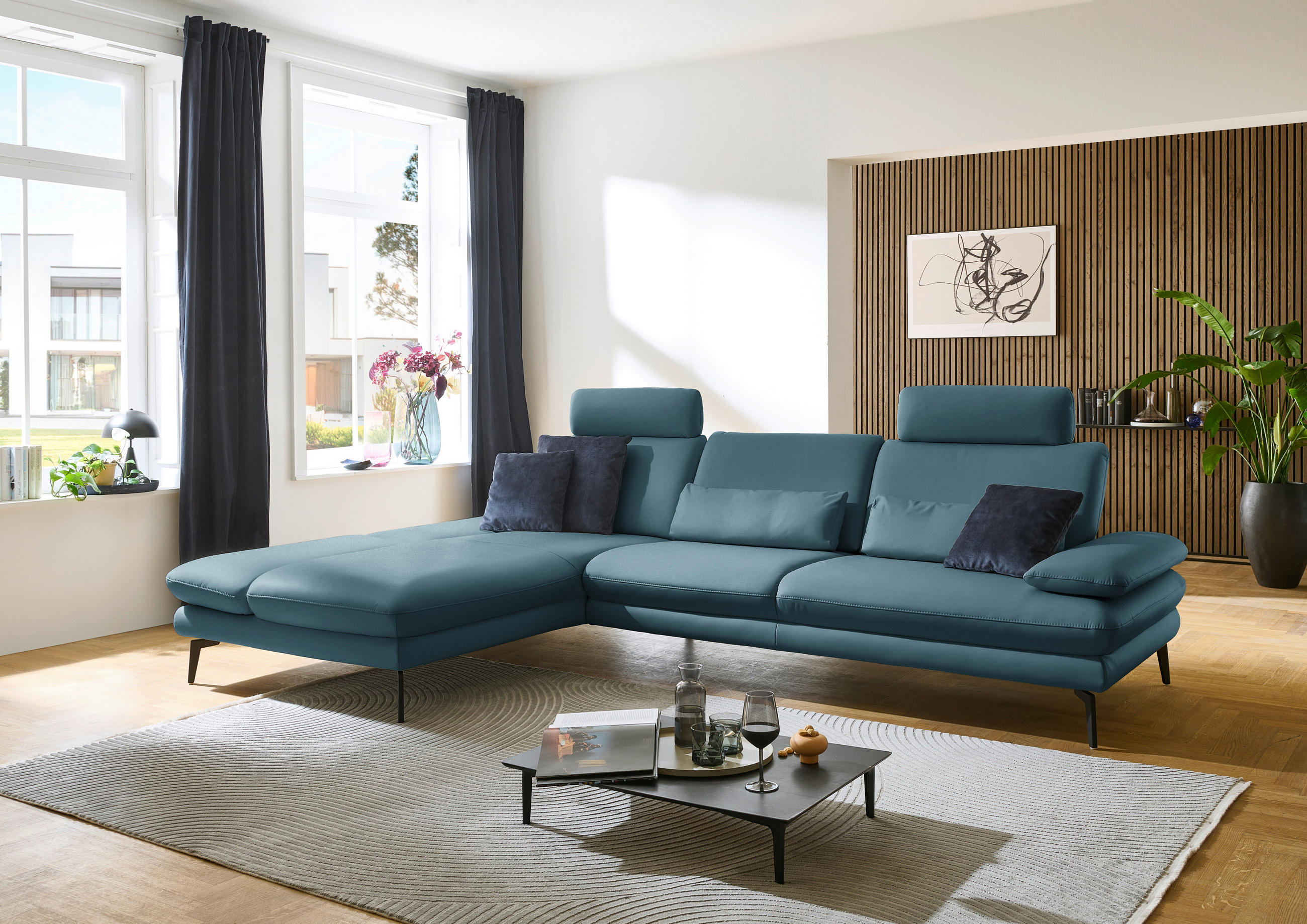ECKSOFA in Echtleder Blau  - Blau/Schwarz, Design, Leder/Metall (195/308cm) - Dieter Knoll