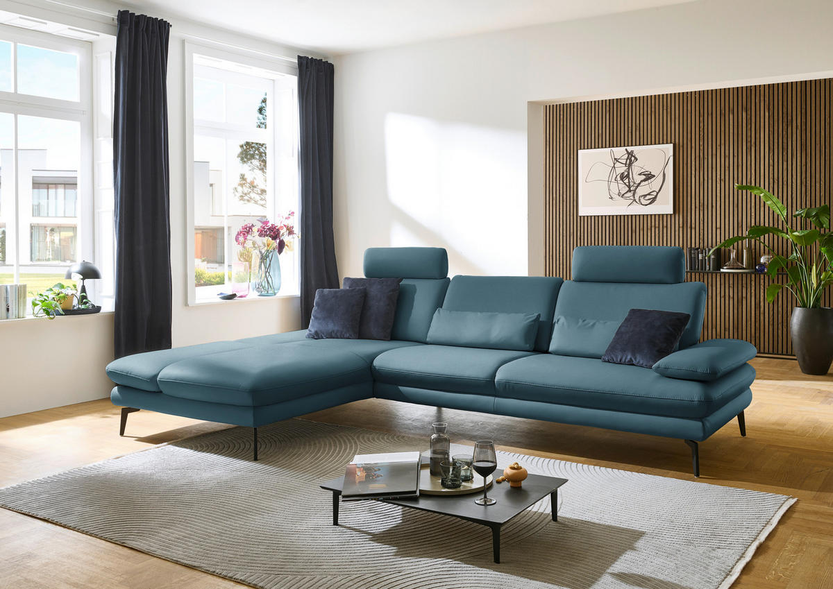 ECKSOFA in Echtleder Blau  - Blau/Schwarz, Design, Leder/Metall (195/308cm) - Dieter Knoll