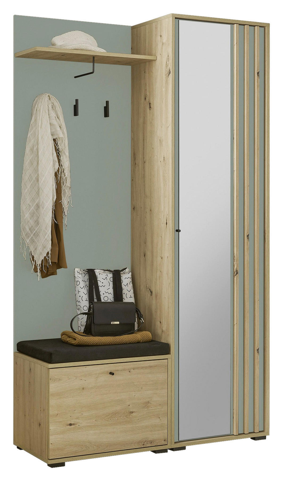 GARDEROBE 5-teilig  in 114/197/40 cm  - Salbeigrün/Eiche Artisan, Design, Glas/Holzwerkstoff (114/197/40cm) - Xora