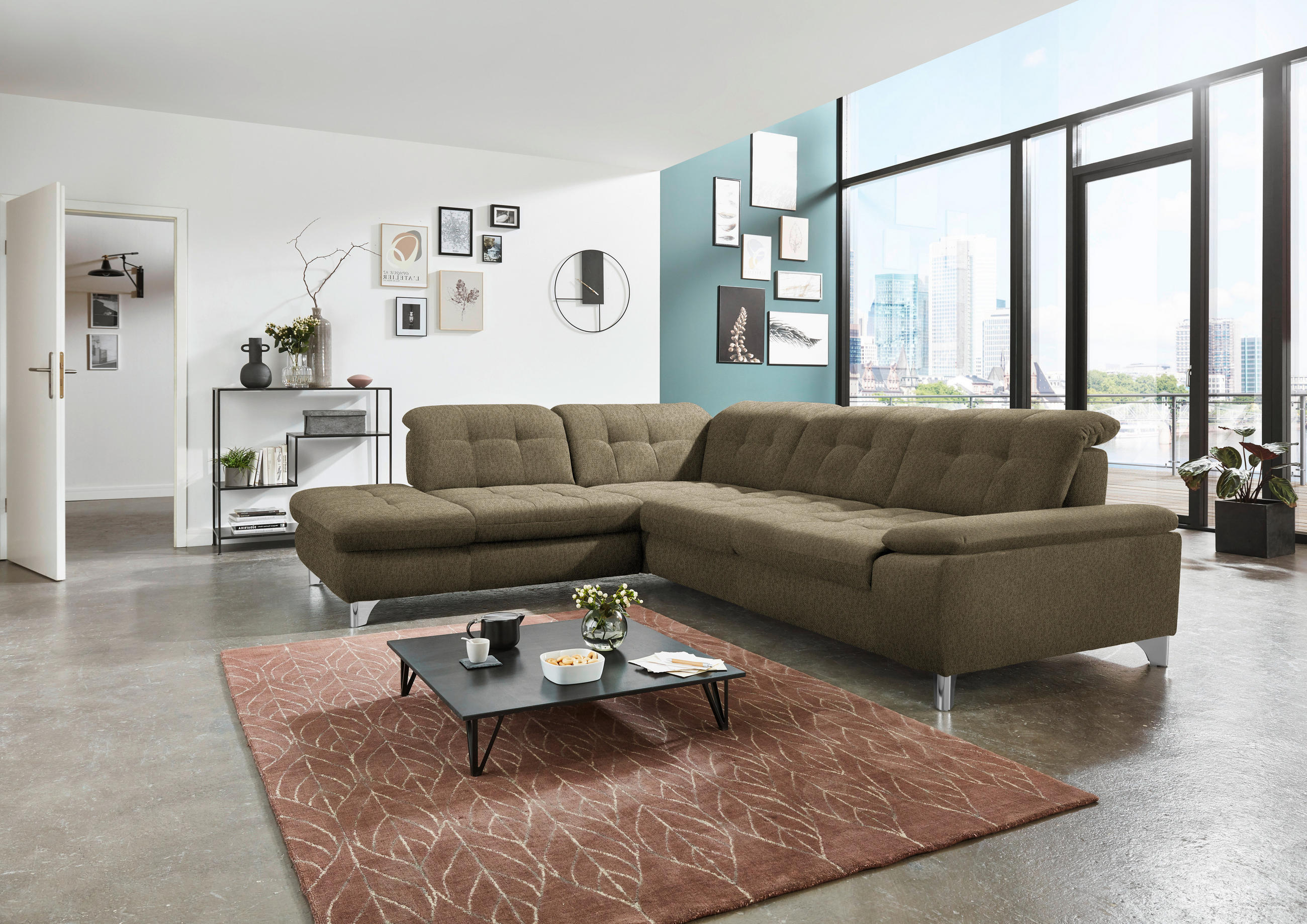 ECKSOFA in Chenille Olivgrün  - Chromfarben/Olivgrün, Design, Textil/Metall (260/310cm) - Beldomo Speed