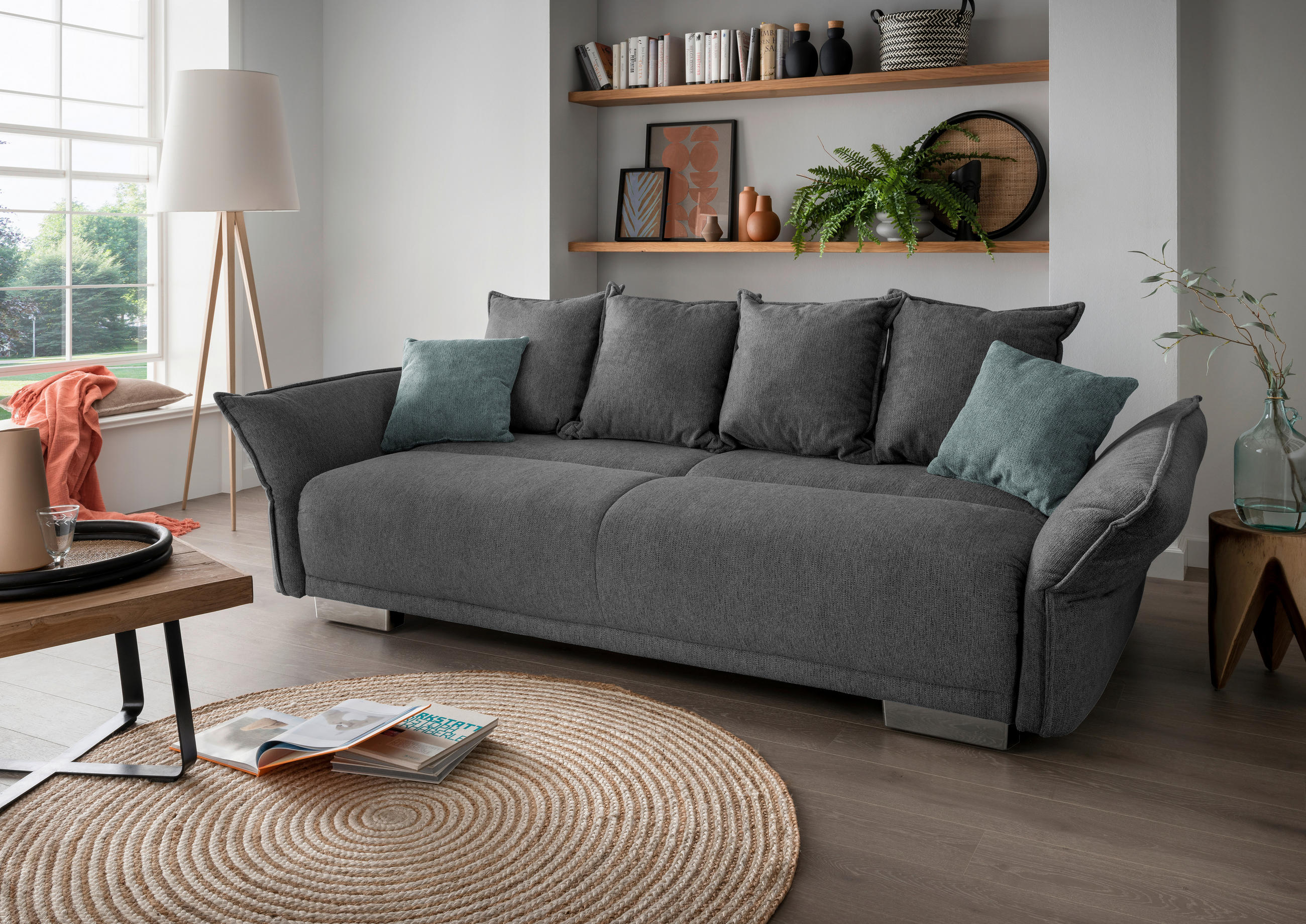 BIGSOFA in Chenille Anthrazit  - Chromfarben/Anthrazit, MODERN, Kunststoff/Textil (242/71/90/131cm) - Livetastic