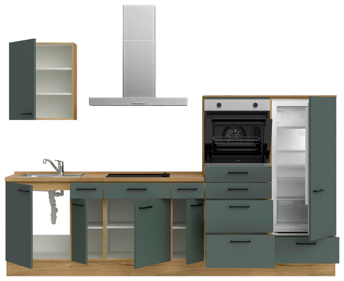 KÜCHENBLOCK Easytouch 300 cm  in Eichefarben, Dunkelgrün  - Dunkelgrün/Eichefarben, MODERN, Holzwerkstoff/Metall (300cm) - Nobilia