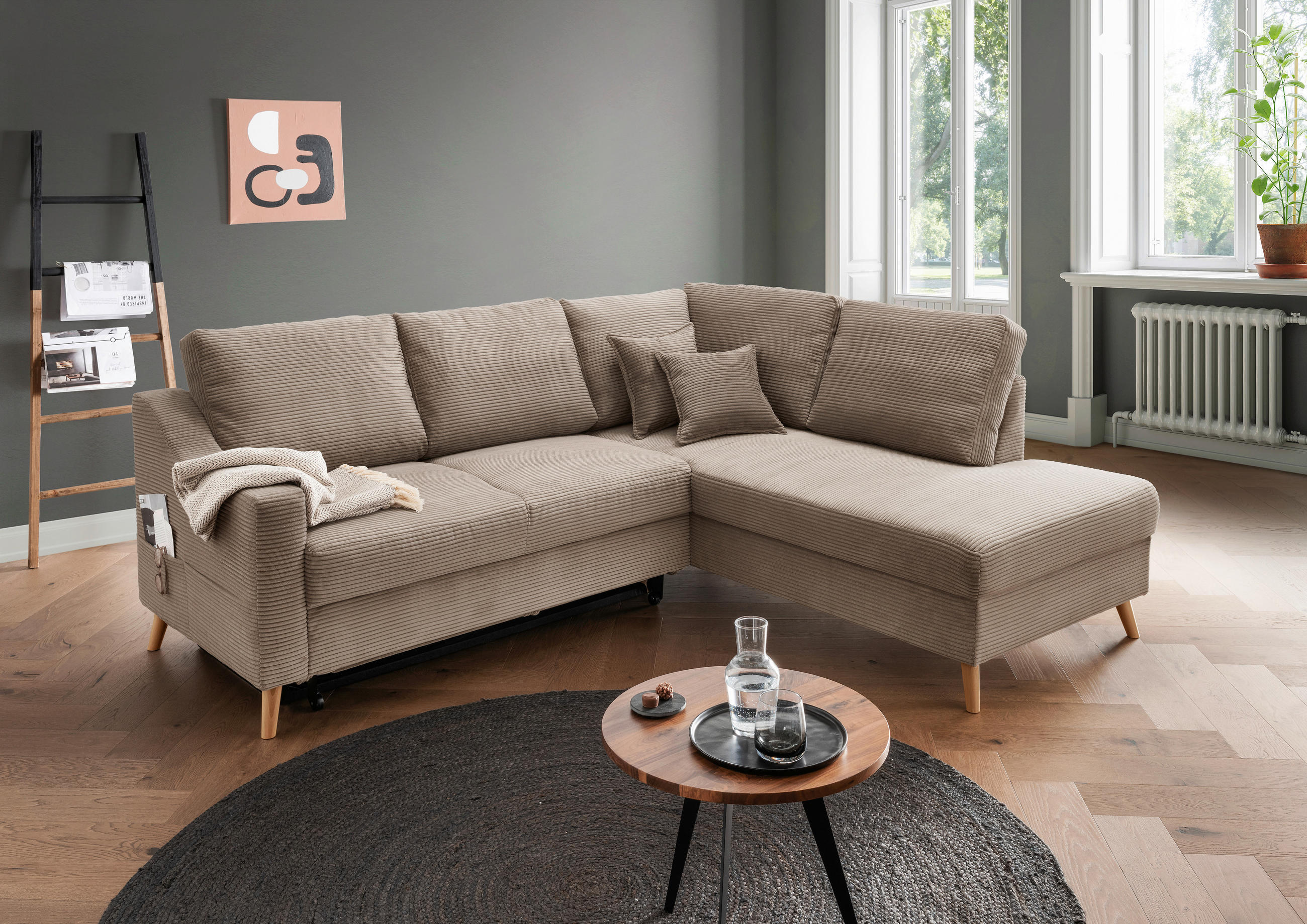 ECKSOFA in Cord Graubraun - Graubraun/Naturfarben, Modern, Holz/Textil (230/200cm) - Livetastic
