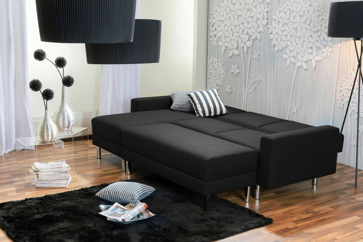 ECKSCHLAFSOFA inkl. Hocker Schwarz Flachgewebe  - Chromfarben/Schwarz, KONVENTIONELL, Textil/Metall (152/230cm) - Max Winzer