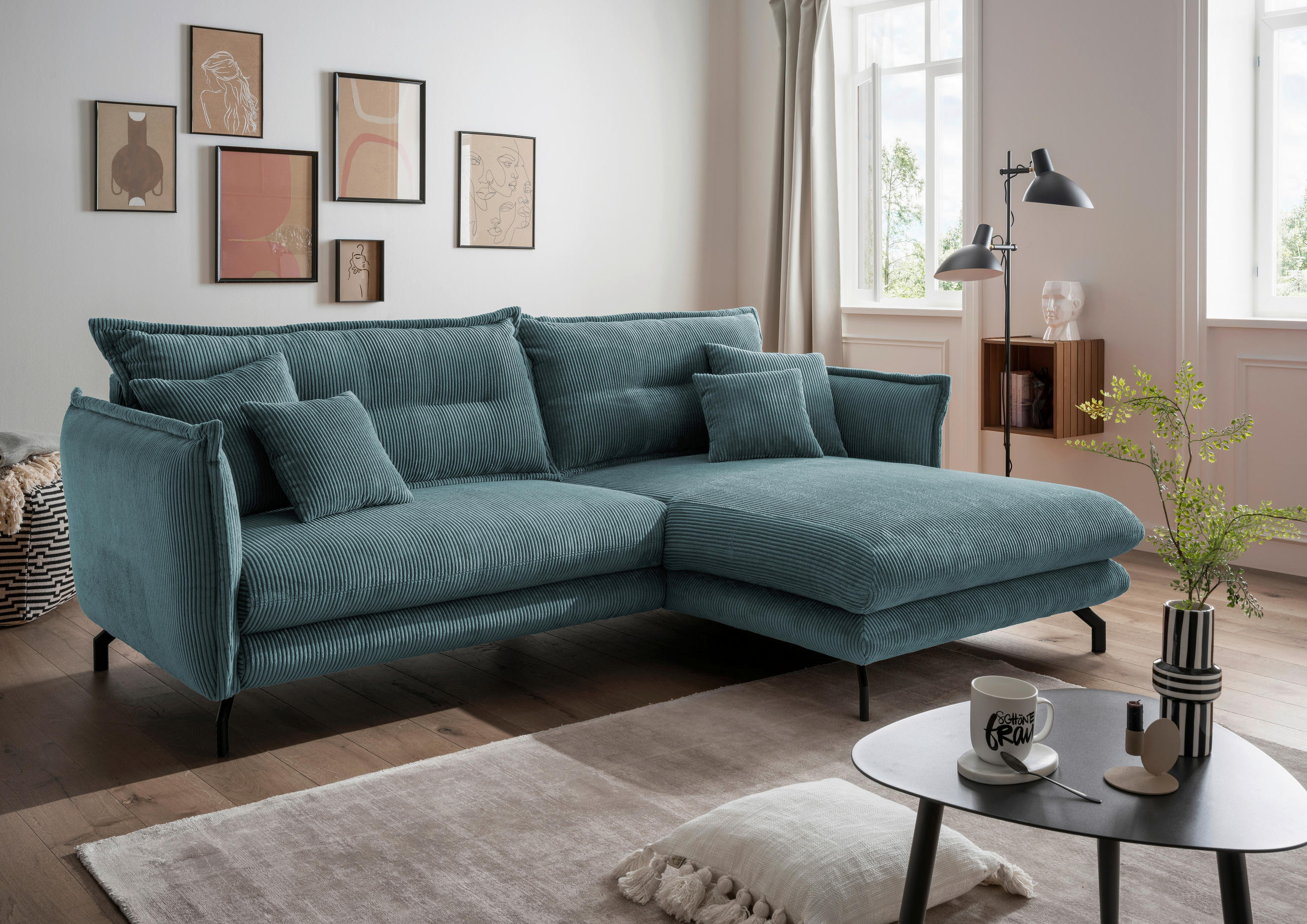 ECKSOFA in Cord Petrol  - Petrol/Schwarz, Modern, Textil/Metall (255/180cm) - Livetastic