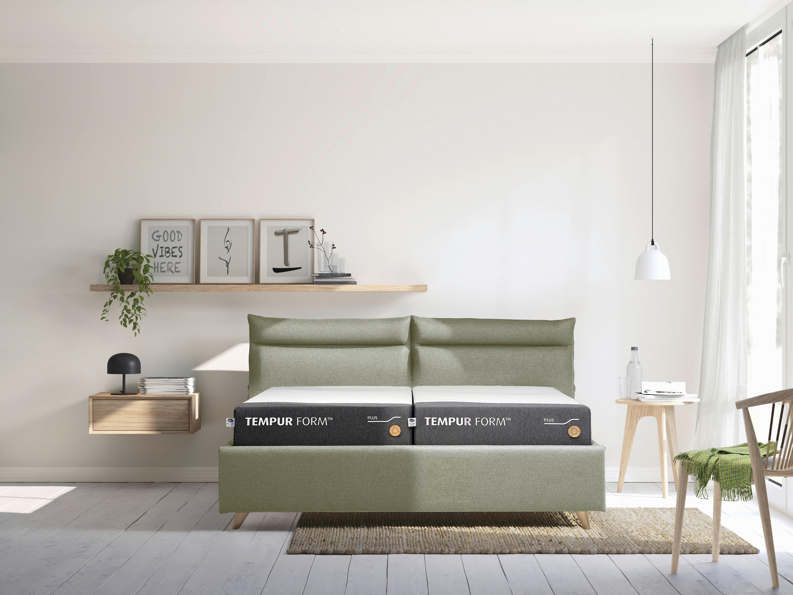 BETT MIT MATRATZEN SOFT+MEDIUM 180/200 cm  in Mintgrün  - Graublau/Buchefarben, Konventionell, Holz/Textil (180/200cm) - Tempur