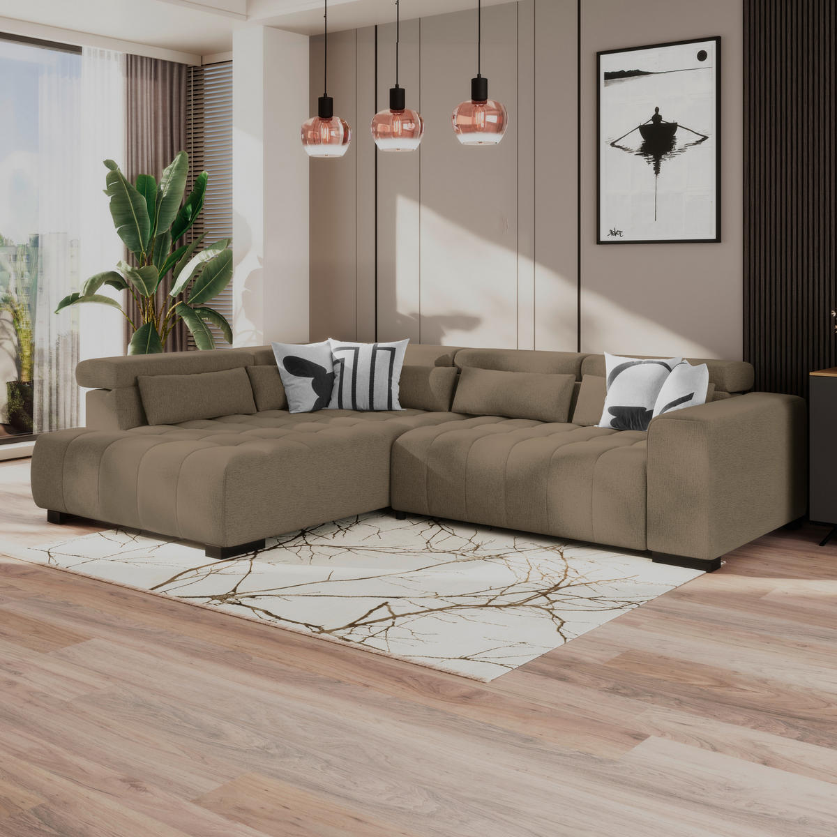 ECKSOFA MATERA Braun Chenille, Struktur Nierenkissen, Kopfteilverstellung, Sitzvorzug  - Schwarz/Braun, Trend, Holz/Textil (226/311cm) - MID.YOU