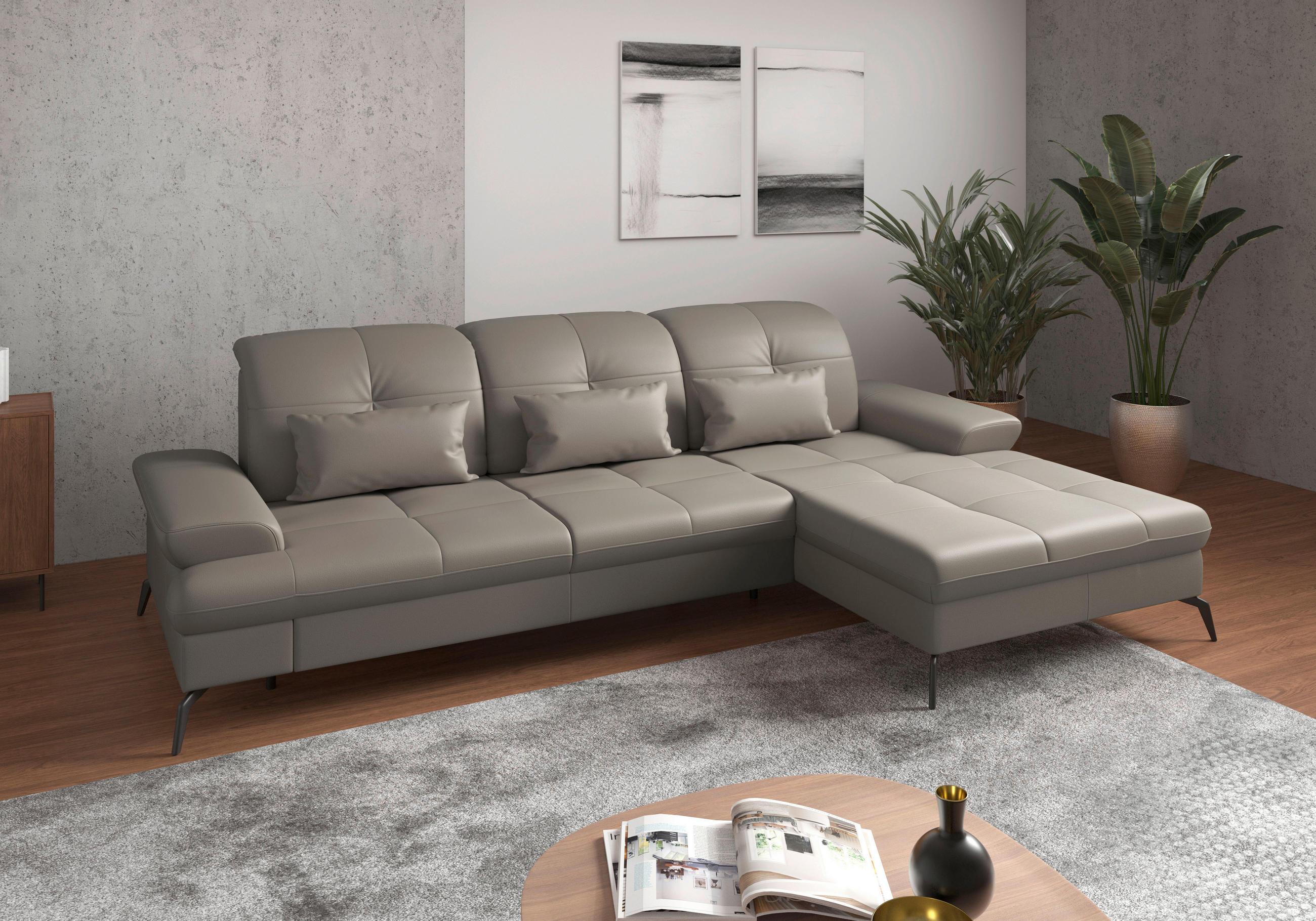 ECKSOFA Grau Echtleder  - Schwarz/Grau, KONVENTIONELL, Leder/Metall (279/185cm) - Sit & More