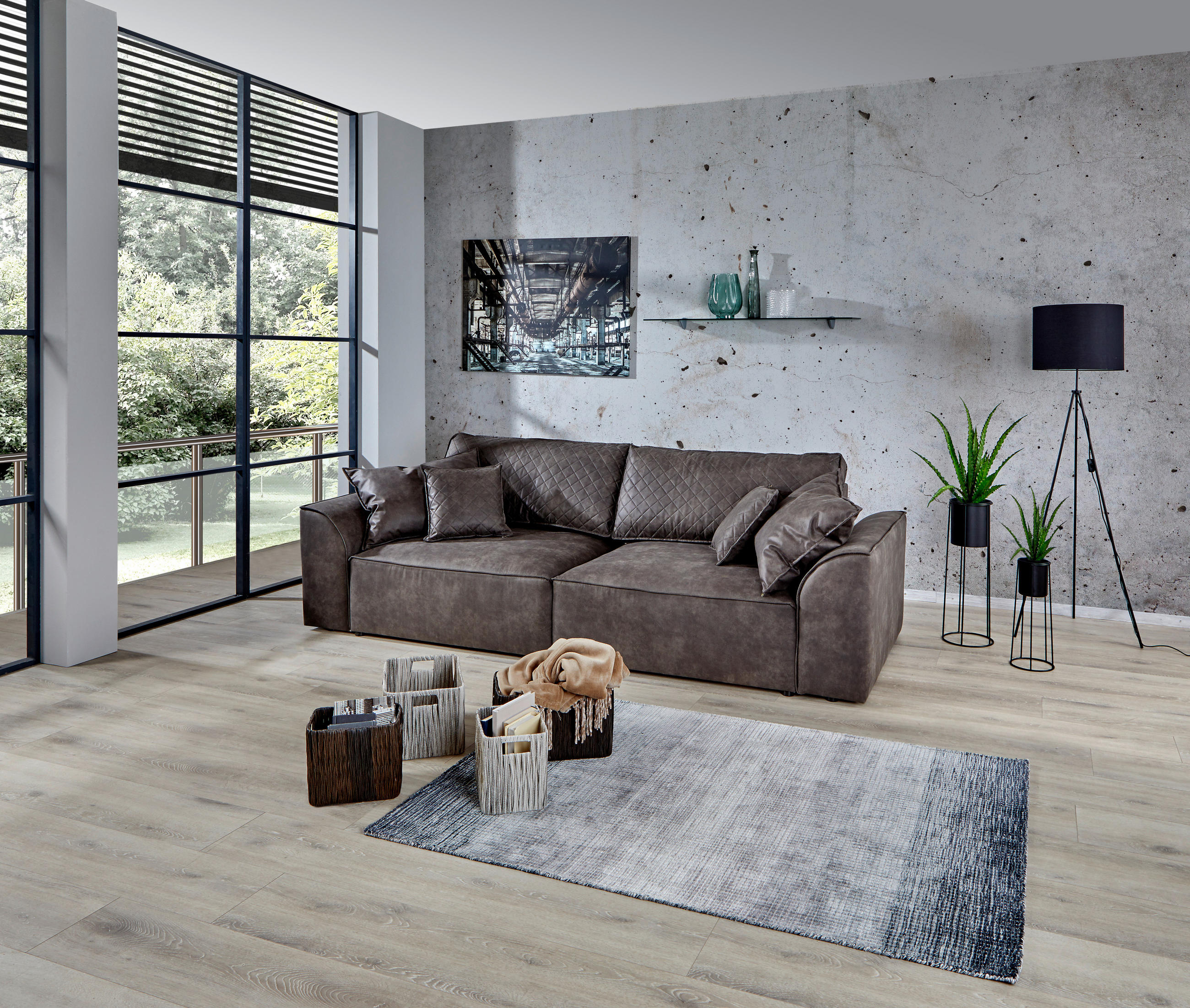 BIGSOFA Lederlook Grau  - Schwarz/Grau, LIFESTYLE, Kunststoff/Textil (270/87/112cm) - Livetastic