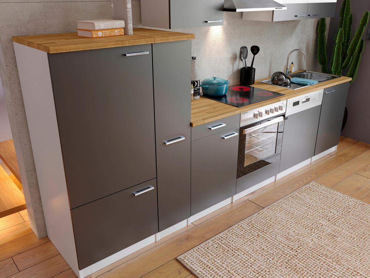KÜCHENBLOCK 310 cm   in Grau  - Weiss/Edelstahlfarben, Basics, Holzwerkstoff/Metall (310cm) - Respekta