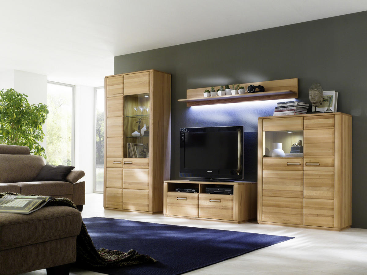 WOHNWAND La Paz  in Buchefarben  357/209/51 cm  - Buchefarben/Silberfarben, Design, Glas/Holz (357/209/51cm) - Livetastic