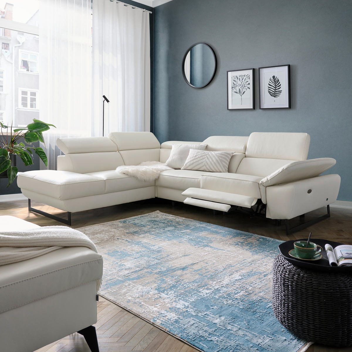 ECKSOFA in Echtleder Weiss  - Weiss/Schwarz, Modern, Leder/Metall (225/281cm) - Celina Home