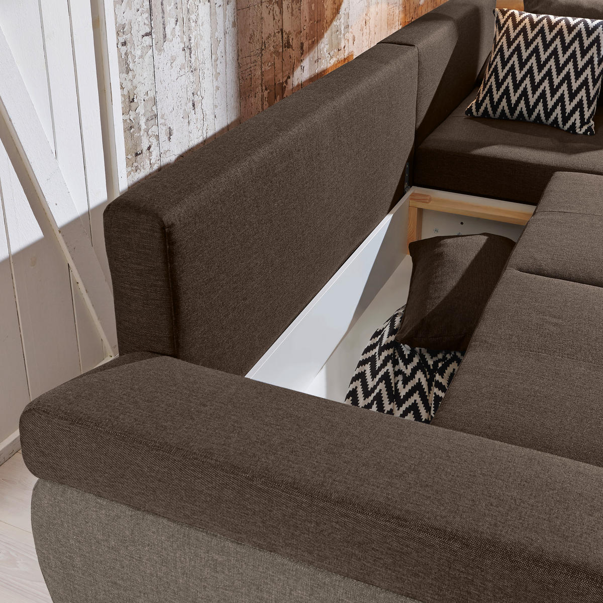 ECKSOFA in Webstoff Braun, Hellbraun  - Hellbraun/Schwarz, Design, Kunststoff/Textil (313/215cm) - MID.YOU