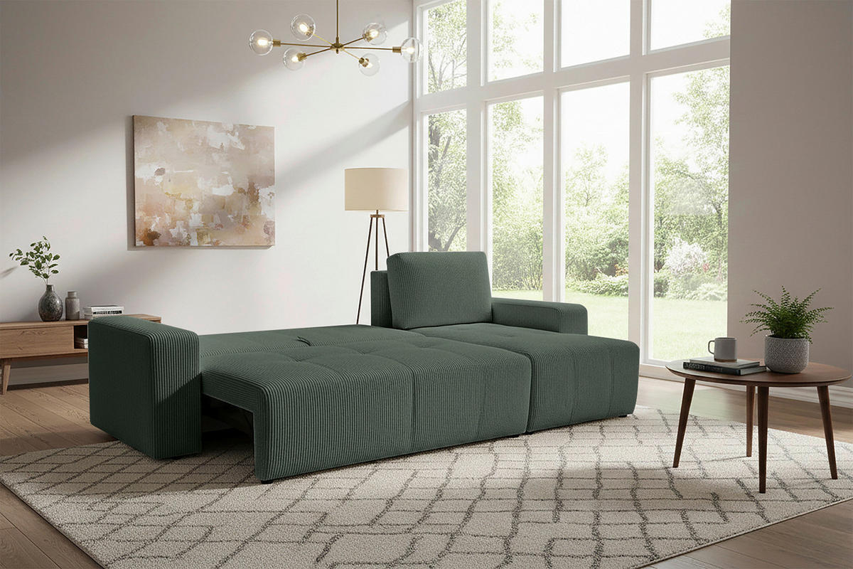 ECKSCHLAFSOFA  mit Cord Dunkelgrün  - Dunkelgrün/Schwarz, KONVENTIONELL, Textil (248/146cm) - Xora