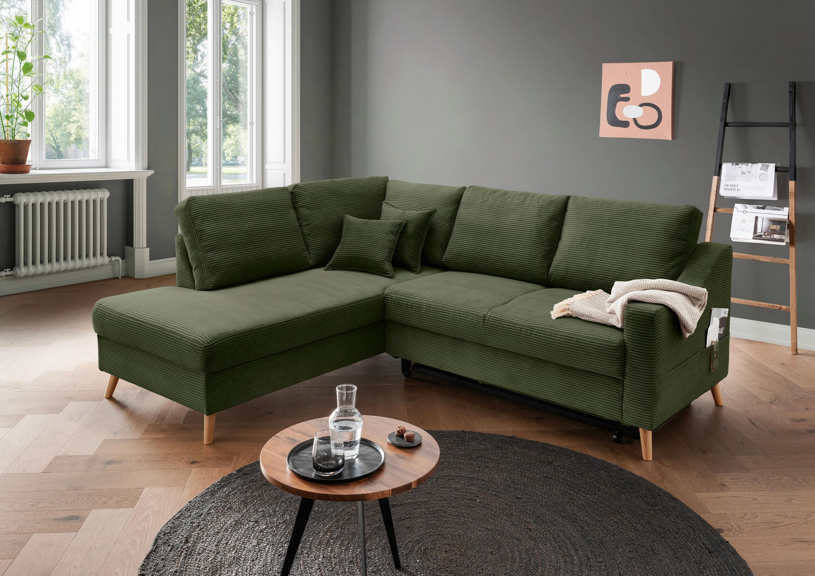 ECKSOFA Valentina Dunkelgrün Cord  - Dunkelgrün/Naturfarben, MODERN, Holz/Textil (200/230cm) - Livetastic