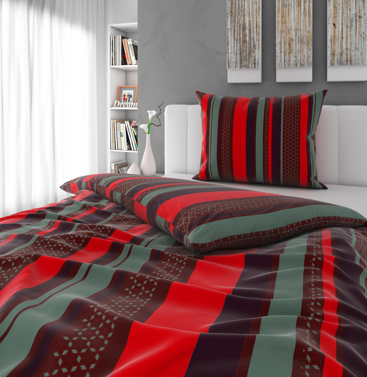 POSTEĽNÁ BIELIZEŇ, satén, červená, mätovozelená, 140/200 cm - mätovozelená/červená, Basics, textil (140/200cm) - Novel