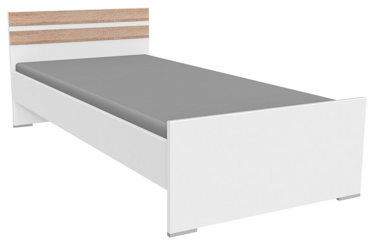 BETT 90/200 cm,  in Weiß, Eichefarben,  - Eichefarben/Alufarben, KONVENTIONELL (90/200cm) - Boxxx