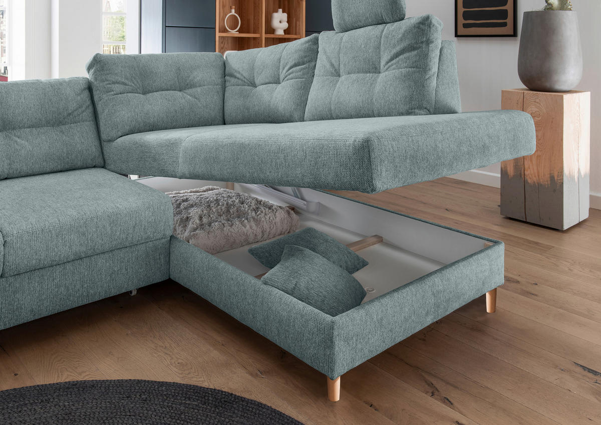 ECKSOFA in Chenille Blau  - Blau/Naturfarben, Modern, Holz/Textil (264/206cm) - Livetastic
