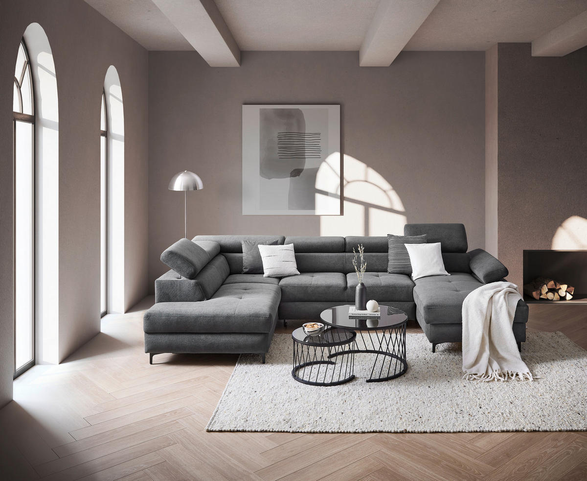 WOHNLANDSCHAFT in Flachgewebe Graphitfarben  - Schwarz/Graphitfarben, Modern, Textil/Metall (206/333/180cm) - Stylife