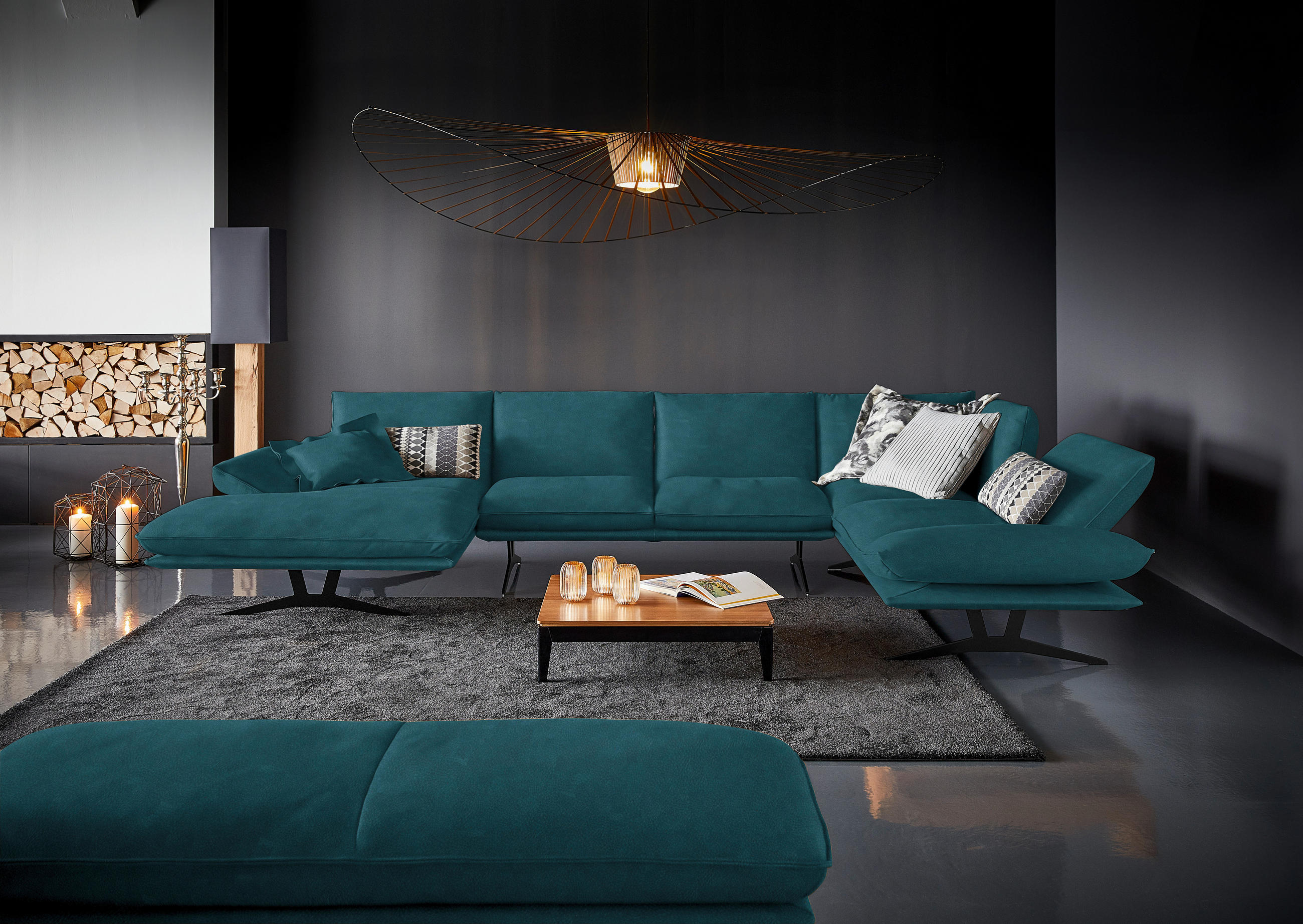 WOHNLANDSCHAFT in Echtleder Petrol  - Petrol/Schwarz, Natur, Leder/Metall (155/359/217cm) - Dieter Knoll