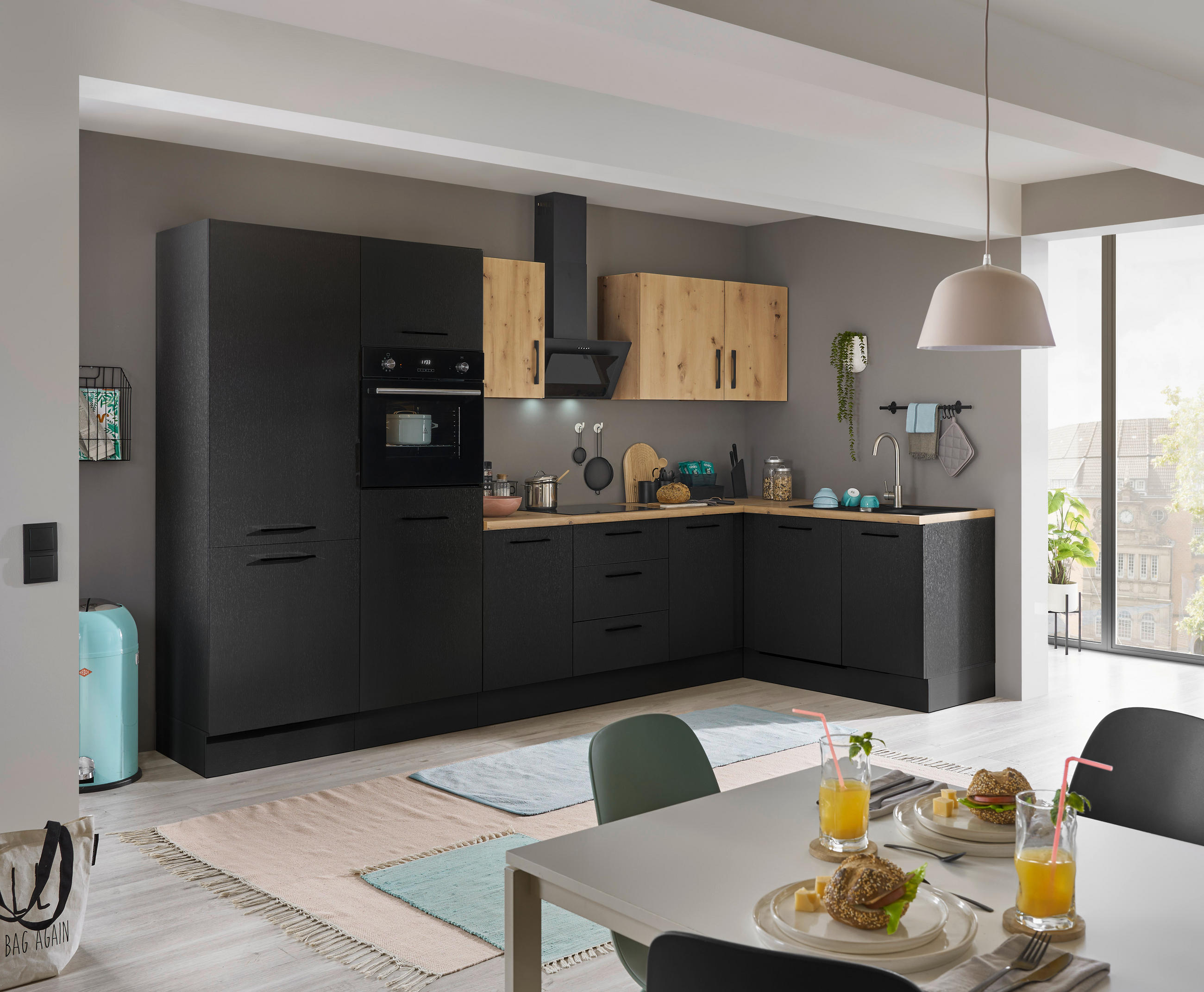 P & B Eckküche Eiche Artisan, Schwarz 340x175 cm