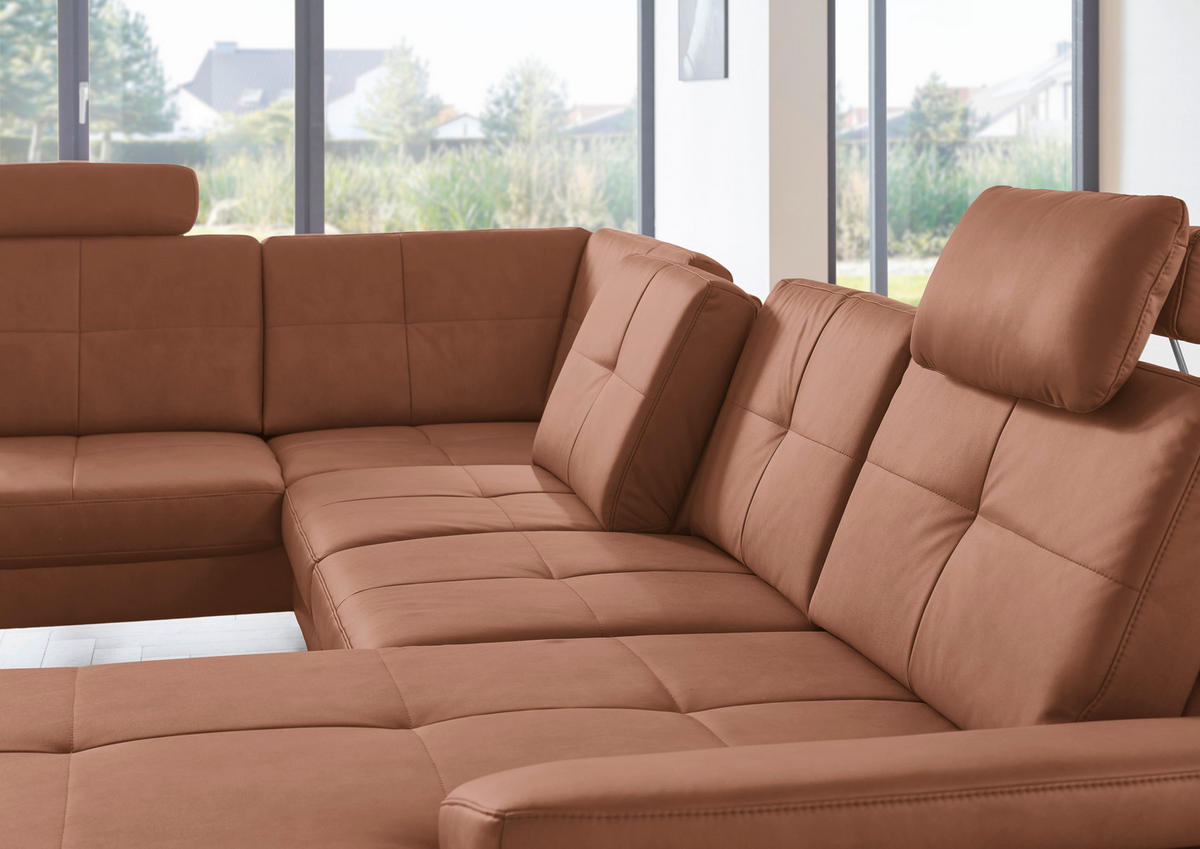 WOHNLANDSCHAFT in Lederlook, Mikrofaser Braun  - Schwarz/Braun, Design, Textil/Metall (220/345cm) - Beldomo System
