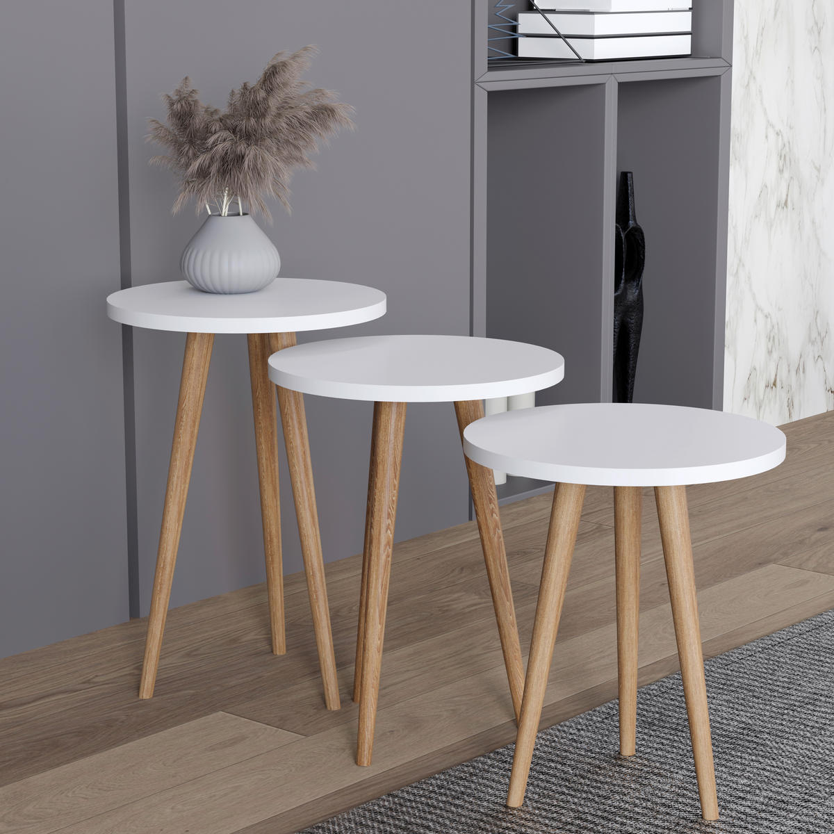 BEISTELLTISCHSET in Holzwerkstoff 34/34/42-47-52 cm  - Honigeiche/Weiss, Design, Holzwerkstoff (34/34/42-47-52cm) - MID.YOU