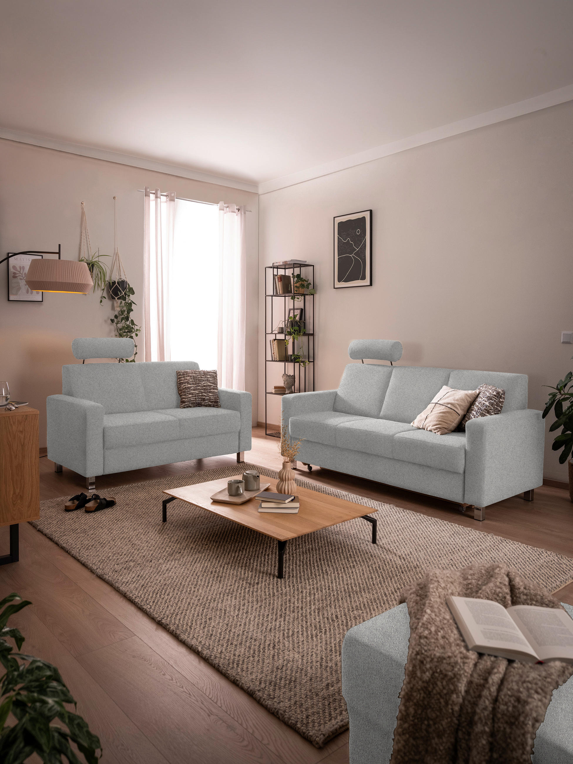 3-SITZER-SOFA in Flachgewebe Hellgrau  - Chromfarben/Hellgrau, Design, Textil/Metall (195/83/85cm) - Xora