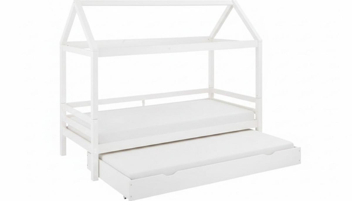 HAUSBETT 90/200 cm,  in Weiß, Bettschublade, Lattenrost für Zusatzbett, Lattenrost für Hauptbett  - Naturfarben/Weiß, MODERN, Holz (90/200cm) - MID.YOU